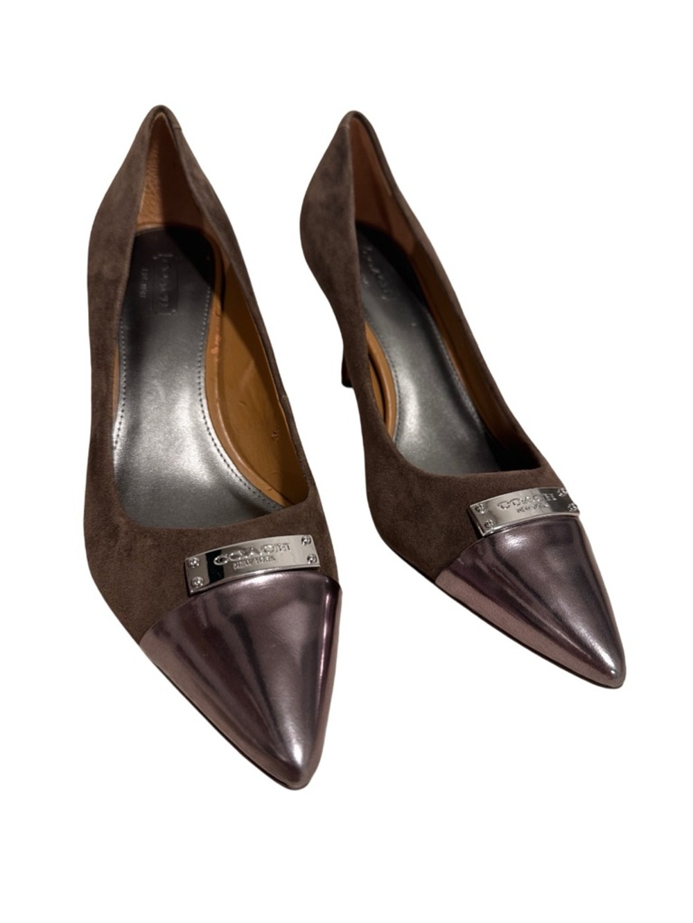 COACH Zan Brown Suede Metallic Cap Toe Pointed Pumps Heels Silver - Size 9B GUC - Picture 5 of 17